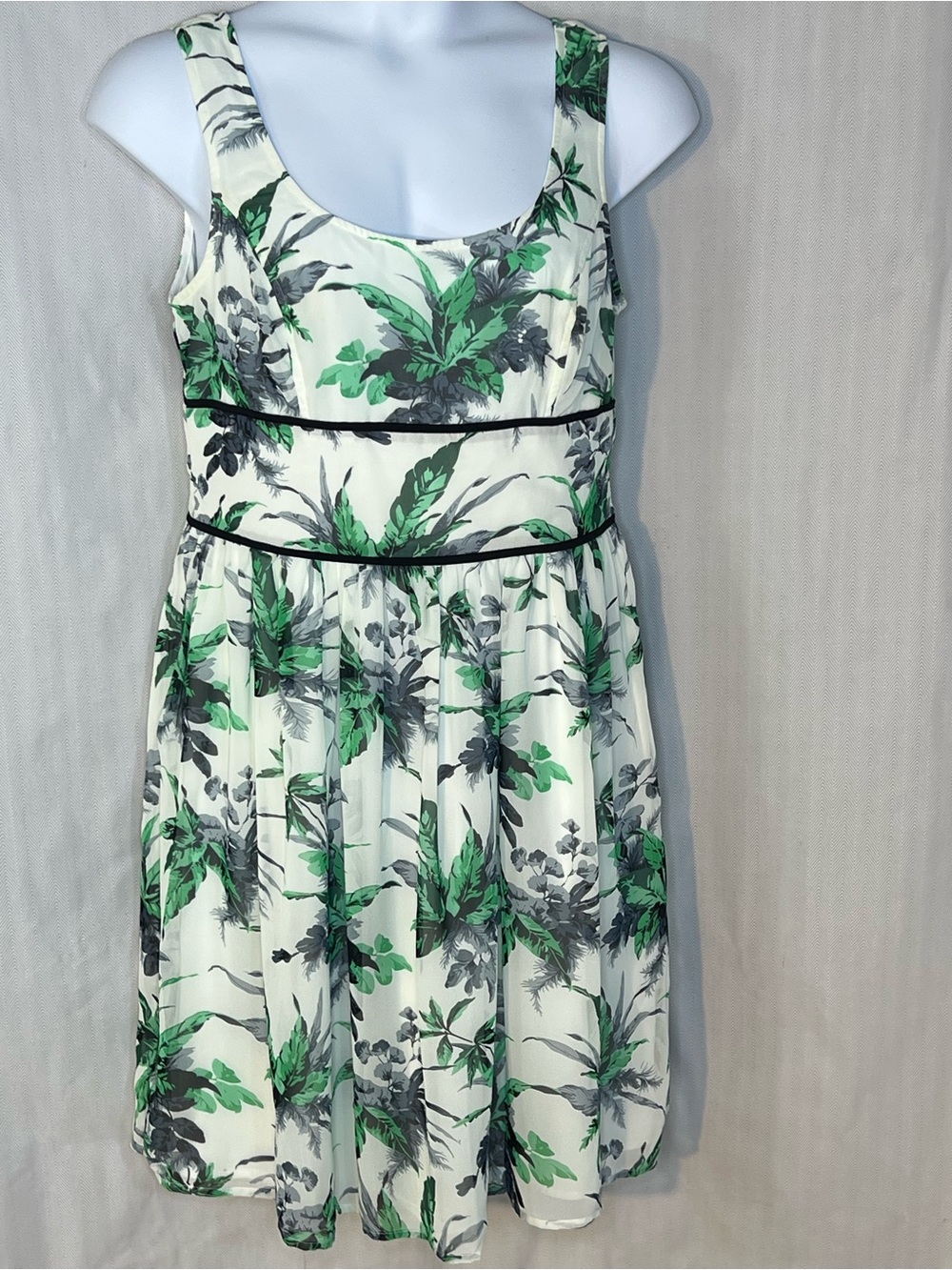 eShakti Dress Chiffon Green & Gray Leaf Print Sleeveless Fit & Flare Pockets 16